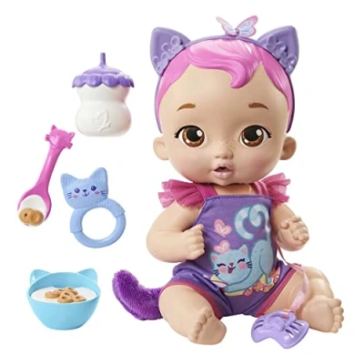 Bild av My Garden Baby Snack &amp; Snuggle Kitten Interaktiv lila docka (30 cm) med mer än 20 ljud och 5 tillbehör Perfekt present till barn från 3 år, HHP28