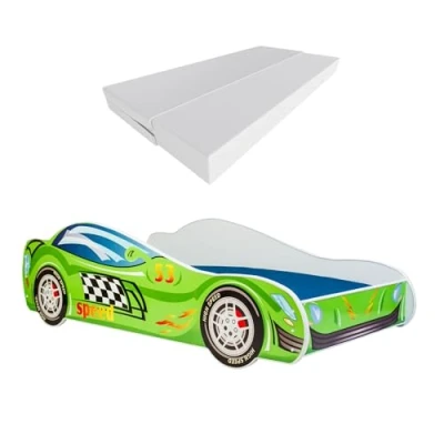 Bild av KOBI Bilsäng för barn hastighetsbil 70 x 140 cm flerfärgad Speed Race Car Theme Barnpojke flicka med sängunderlag och madrass hydda barriär