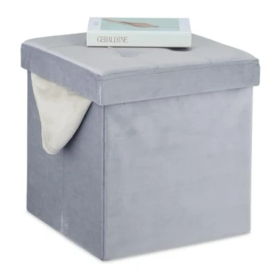Bild av Relaxdays Pall sammet, sittpall med förvaringsutrymme, vadderad, vikbar, H x B D: 38 cm, sittkub vardagsrum, grå