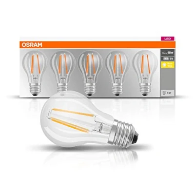 Bild av OSRAM Lamps LED Base Classic A lampa, uttag: E27, varmt vit, 2700 Kelvin, 7 W, ersättning för 60 W glödlampa, klar, 5 pack
