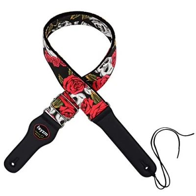 Bild av Rayzm Gitarrrem/glasrem, bomullsbälte för akustisk/elektrisk/gitarr med plektrum ficka, vacker ros coolt dödskallemönster, 5 cm bred, metallspänne, justerbar längd