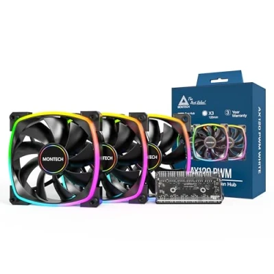 Bild av MONTECH AX 120 mm PWM fläkt tyst prestanda hög hastighet 1 600 avancerad hållbarhet med HDB lager fantastisk yttre ring ARGB belysningsdesign 3 i pack 6 x fläktnav