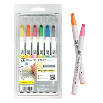 Bild av Kuretake ZIG CLEAN COLOR DOT markörpennor, enkel 6 höjdfärger, AP certifierad, perfekt för markering i planerare eller punktjournaler, tillverkad Japan
