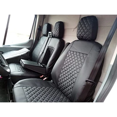 Bild av Framsätesskydd, 2 + 1, designade för att passa Ford Transit Custom efter 2015, liten kabin, svart ekoläder, LHD