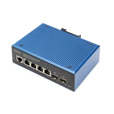 Bild av DIGITUS PoE nätverksswitch 6 portars Gigabit Ethernet 4x RJ45 + 2x SFP IP40 L2 hanterad 10/100/1000 Mbit/s DIN skenmontage industriell serie svart/blå