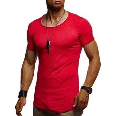 Bild av Leif Nelson t shirt män sommar rund hals 100 % bomull, regular fit herr krage, casual basic kortärmad, röd, L