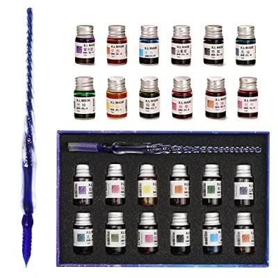 Bild av Aokuy Glaspennor set kalligrafi, kalligrafi Dip Pens, 12 färgglada bläck, kaligraphy uppsättningar för konst, skriva, underskrifter, dekoration, gåva (blå)