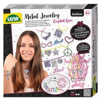 Bild av Lena 42658 Hantverksset metallsmycken med kristallädelstenar, komplett set 16 metallsmycken, 6 band, 650 strasstenar och glitterset för armband halsband barn från 8 år