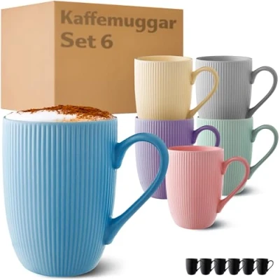 Bild av Cosumy Kaffemugg Set om 6 Kaffemuggar Pastell Unikt randigt mönster Matt keramik Mikrovågsugnssäker Diskmaskinssäker &amp; bekvämt handtag