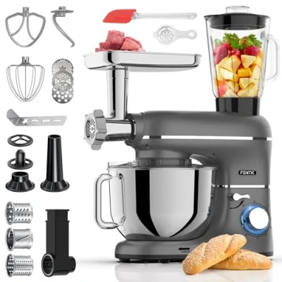 Bild av Fentic 6 in 1 Matberedare 2000W med Köttkvarn, 1,5L Blender,Grönsaksskärare och Extra Tillbehör Köksmaskin Mixerskål 6.2L, Omrörarkrok, Degkrok, Visp Stänkskydd (Antracit)
