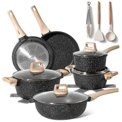 Bild av Just Perfecto set med 21 kastruller och stekpannor, non stick köksredskapsset, vit granit, induktion, stekpannor (PFOS, PFOA fri) (15 Pcs Black)