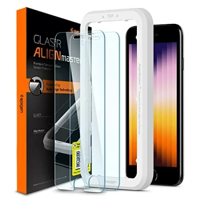 Bild av Spigen AlignMaster Skärmskydd kompatibel med iPhone SE 3 (2022), 2 (2020), 8/7, Stycken, met sjabloon voor installatie, kristallklart, Responsiv Touch, Case friendly, 9H Glas