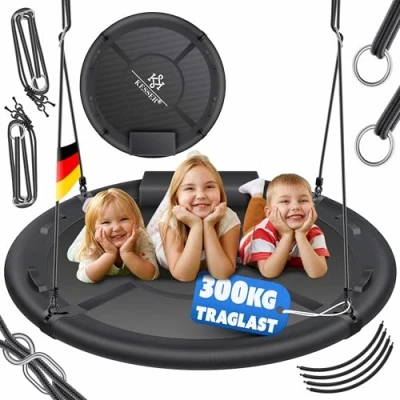 Bild av KESSER® Bogggunga tallriksgunga hängande gunga, rund gunga Ø 120 cm, upp till 300 kg, kan belastas med kudde och 4 handtag, justerbar barngunga inomhus utomhus, för barn vuxna, antracit