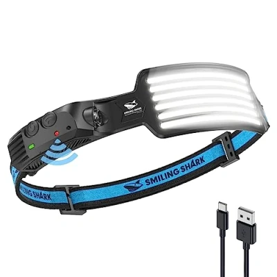 Bild av Smiling Shark LED pannlampa, bred vinkel 6 x superlysande remsor, vit, uppladdningsbar, rörelsesensor, vattentät, camping, vandring