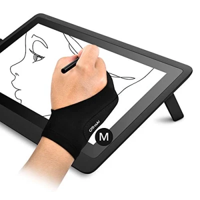 Bild av OTraki Konstnär Handske Anti fouling Digital Teckning 2 pack Två fingrar Tjockare Palm Avvisningshandske för Grafik Ritning, Surfplatta iPad Konst Skapelse höger Vänster Hand, M (8 x 20,5 cm)