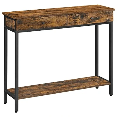 Bild av VASAGLE konsolbord, entrébord, soffbord med 2 lådor, stålstomme, stabilt, för hall, sovrum, vardagsrum, industriell stil, rustik brun och svart LNT015B01