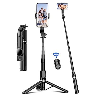 Bild av Selfie Stick med förbättrat stativ [2023 helt ny design] Aluminium Rod mobiltelefon avtagbar fjärrkontroll 360 roterbar för iPhone Samsung, Action Camera GoPro. (Svart)