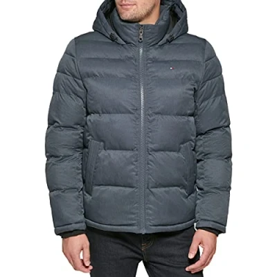 Bild av Hooded Puffer Jacket herr Down Alternative Outerwear Coat Jacket, Marinblåmelange, XXL