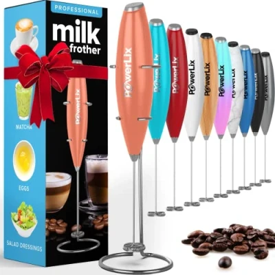 Bild av PowerLix Kraftfull handhållen mjölkskummare med stativ batteridriven skumtillverkare skummare för kaffe, latte, cappuccino, varm choklad, minigricka mixer rostfritt stål visp