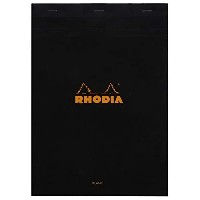 Bild av RHODIA 180009C häftat anteckningsblock nr 18 svart A4 21 x 29,7 cm Uni 80 löstagbara blad vitt Clairefontaine papper g/m² mjukt, slitstarkt och vattentätt täckt kortomslag