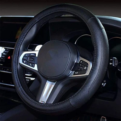 Bild av coofig Bilhjulsskydd PU läder rattmuff universell 14,5 tum/37 cm andningsbart halkfritt skydd interiör tillbehör för bil/lastbil/SUV/skåpbil flickor pojkar (svart beige 3)