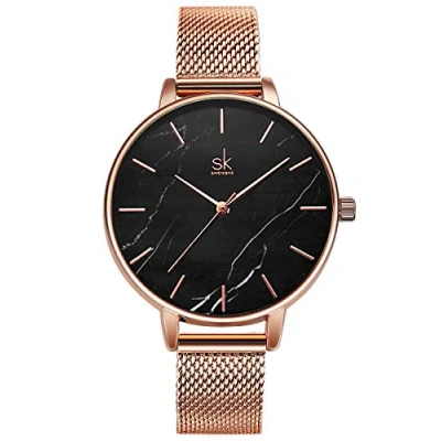 Bild av Alienwork Klocka Dam Rosa Guld Mesh Armband Svart Ultratunna Elegant