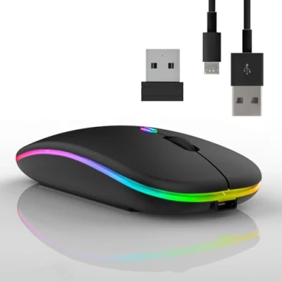 Bild av Uppladdningsbar trådlös mus, ergonomisk bluetooth 7 färger bakgrundsbelyst tyst 3DPI datormus med 2,4 GHz USB mottagare