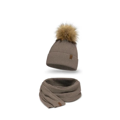 Bild av VIVISENCE Damvintermössa med tofs och halsduk set varm huvudbonad halsband på vinter höst tjock, vinterset för kvinnor, tillverkad i EU, Beige, En Storlek