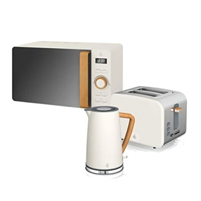 Bild av Swan Nordic Set Desayuno vattenkokare 1,7 l 2200 W, brödrost med bred slits, 2 skivor, mikrovågsugn 20 l, digital, modern design, träeffekt, vit