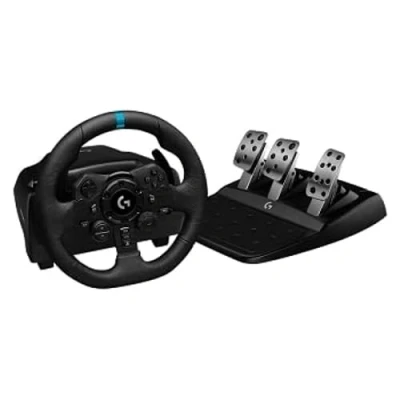 Bild av Logitech G 923 Racerhjul och pedaler, TRUEFORCE upp till 1 000 Hz force feedback, responsiv kördesign, dubbel kopplingslanseringskontroll, hjulskydd i äkta läder, för PS5, PS4, PC, Mac svart