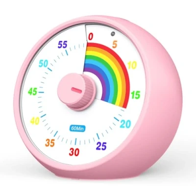 Bild av Visual Timer för Barn, 60 minuters Countdown Klassrum, Kontor och Kök, Skrivbordstimglas Barns Tidsstyrningsverktyg med Tyst Operation, Pomodoro Time Regnbågsmönster (Rosa)