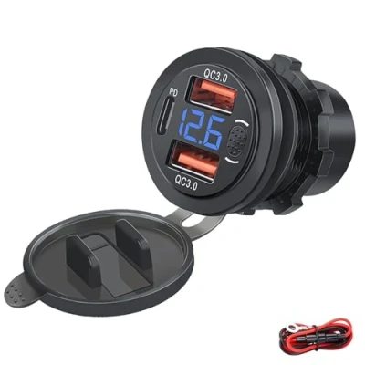 Bild av Intckwan 12v Usb Uttag, 66w, PD och QC3.0 Motorcykel Uttag VattentäTt, Inbyggt med StröMbrytare Led Voltmeter, Installation för DC 12 24v Bil BåT Lastbil Husvagn