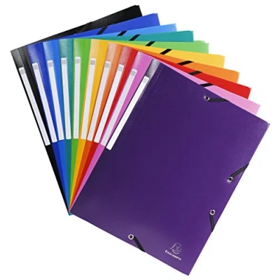 Bild av Exacompta Ref 55840E ogenomskinlig PP elastiska 3 klaffmappar lämplig för A4 dokument, 0,5 mm polypropylen, ryggetikett, konfidentialitet blandade färger (paket med 10)
