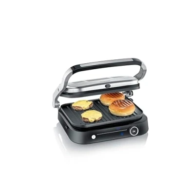Bild av SEVERIN Multi grill kött 7 automatiska program, multifunktionell elektrisk för grönsaker, biffar och paninis, köttgrill med non stick plattor, 1 800 W, rostfri/svart, KG 2395