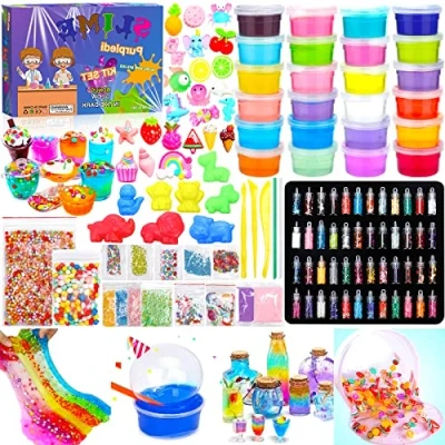 Bild av Purpledi DIY Slime Kit Mee Set, gör slem själv med 24 färger kristall, glitterslem, charms glitterpulver och mer för hantverk gåva till barn