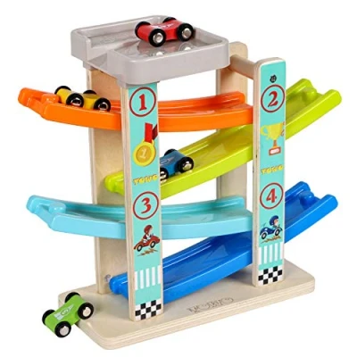 Bild av TOWO Rampleksak i trä Zig Zag bilrutschbana med 4 träbilar och takmonterade parkeringsplatser Click Clack Track Träbilleksaker för småbarn Rasbilleksaker barn Pojkar Flickor 1 2 3