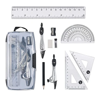 Bild av Vicloon Geometry Set, 10 st Matematikset med Obrytbar Förvaringslåda, Inklusive Kompass, Gradskiva, set Kvadrat, Blyledning, Penna, Suddgummi och Vässare för Skolmatematik