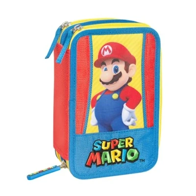Bild av Super Mario Officiell skolväska med 3 fack för pojkar och flickor brevpapper, Frixion blå raderbar penna praktisk dragkedja, 20 x 13 cm 7 cm, Flerfärgad, pennfodral