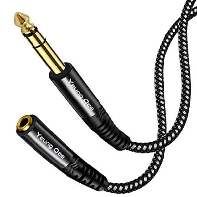 Bild av 6,35 mm till 3,5 hörlurar adapterkabel, 1/4 tum hane 1/8 hona stereo ljudförlängningskabel kompatibel med förstärkare, gitarrförstärkare, piano, hemmabioenheter eller blandningskonsol (1 m)