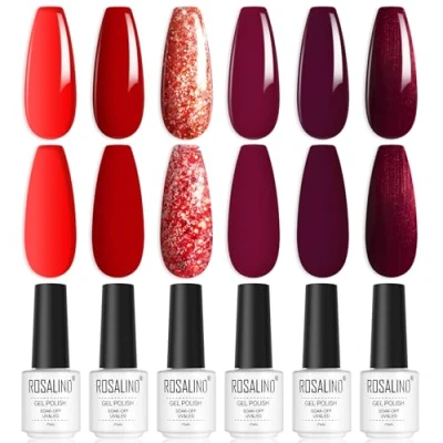 Bild av ROSALIND UV Gel Nagellack Set, 6 färger Ljusröd Glitter UV/LED Polish Nagelgel Nagellackset