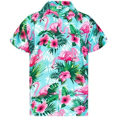 Bild av King Kameha herr Flamingo blommor kortärmad Hawaii skjorta nyhet sommarvibbar, blommor, turkos rosa, XL, design XL