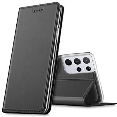 Bild av Verco mobilfodral för Samsung Galaxy S21 Ultra, Premium bokväska flip fodral Ultra skal plånboksfodral pu läderväska [integrerad magnet], Svart