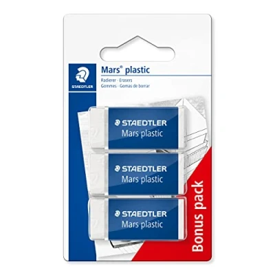 Bild av Staedtler 526 53 ABK3D Radierer Mars plastic mini phtalat und latexfrei, 3 Stück auf Blisterkarte, 2 1 gratis, weiß