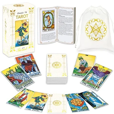 Bild av IXIGER tarotkort däck med guidebok, för nybörjare och expertläsare, set, brons standardstorlek 12 cm x 7 cm, 78 klassiska vit sammetspåse väska