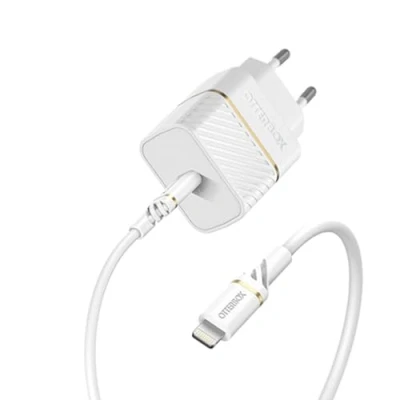 Bild av OtterBox USB C PD EU Väggladdare 20W och förstärkt till Lightning kabel, MFi certifierad, snabbladdningspaket för iPhone iPad, falltestad, tålig, Vit