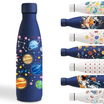 Bild av termisk vattenflaska, 500 ml, anpassad flaska, läckagesäker metallflaska, stålflaska, för skola, kontor, sport, cykling, Asteroid Mörkblå
