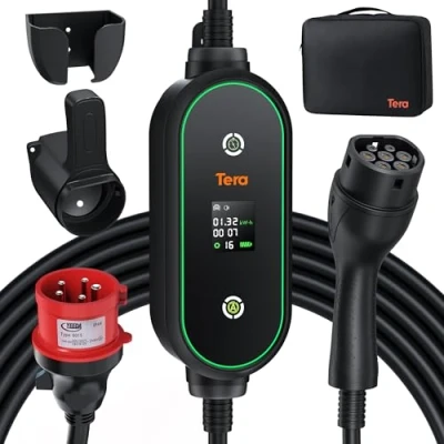 Bild av Tera Mobile typ 2 bärbar: 11 kW 3 fas 616 A 7,5 m laddningskabel CEE 5 stift EV laddare 0,55 h fördröjd laddning justerbar laddningseffekt, laddarhållare för elbil P03