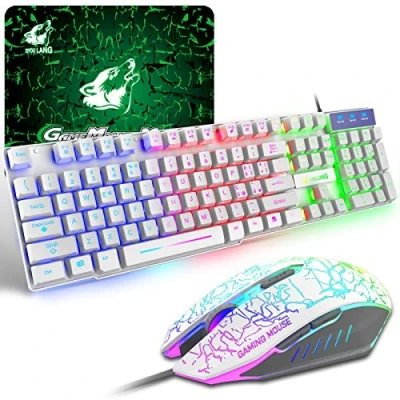 Bild av tangentbord och mus, Tysk layout QWERTZ Gaming Bakgrundsbelyst LED Rainbow färg, mus 6 knappar 2400 DPI musmatta, USB Kabel för PS4 XBox, Vit
