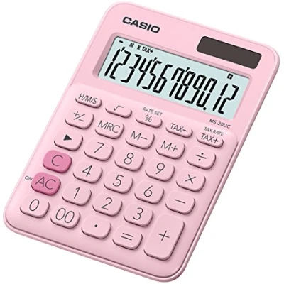 Bild av CASIO Bordsräknare MS 20UC PK, 12 siffrig i trendiga färger, kontrollberäkning, tidsomvandling, sol /batteridrift, 2,3 x 10,5 14,95 cm