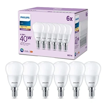 Bild av Philips LED multipack: 4,9W (40W), P45, E14, Varmvitt 2700 Kelvin, Frostad plast, 470 lumen, Ej dimbar, 15000 timmar livslängd, 6 pack